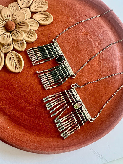Mexican Silver Beaded Fringe Necklace: Artisan Stone Pendant