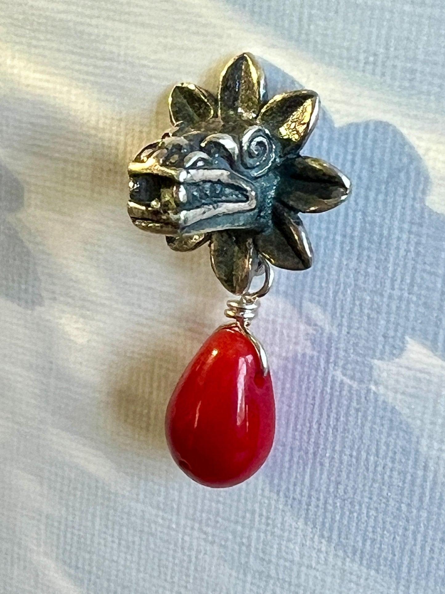 Quetzalcoatl Red Earrings in .925 Sterling Silver with Natural Coral Handmade Mexican Artisan Jewelry, Cultural Inspired Dangle Earrings