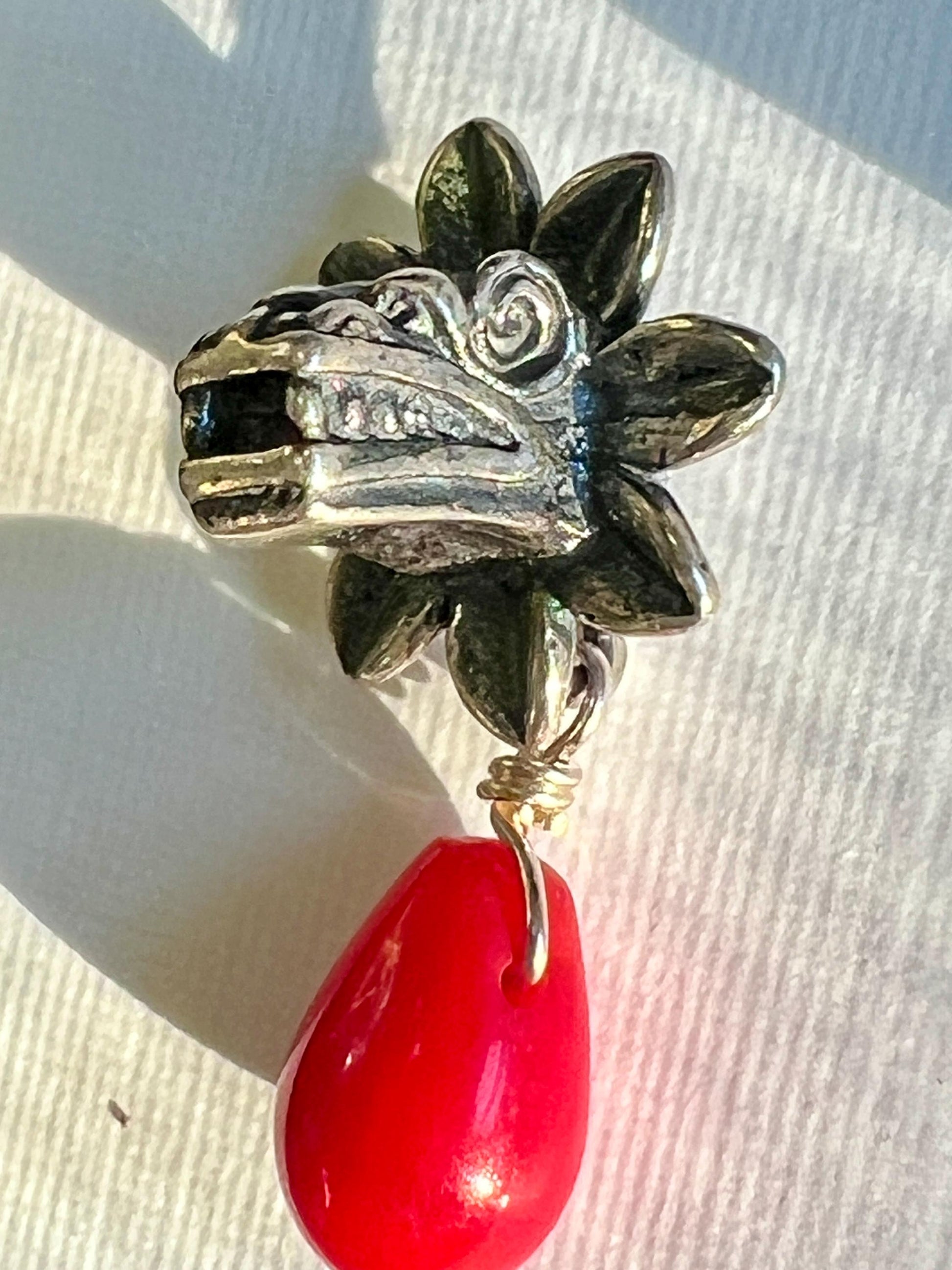 Quetzalcoatl Red Earrings in .925 Sterling Silver with Natural Coral Handmade Mexican Artisan Jewelry, Cultural Inspired Dangle Earrings