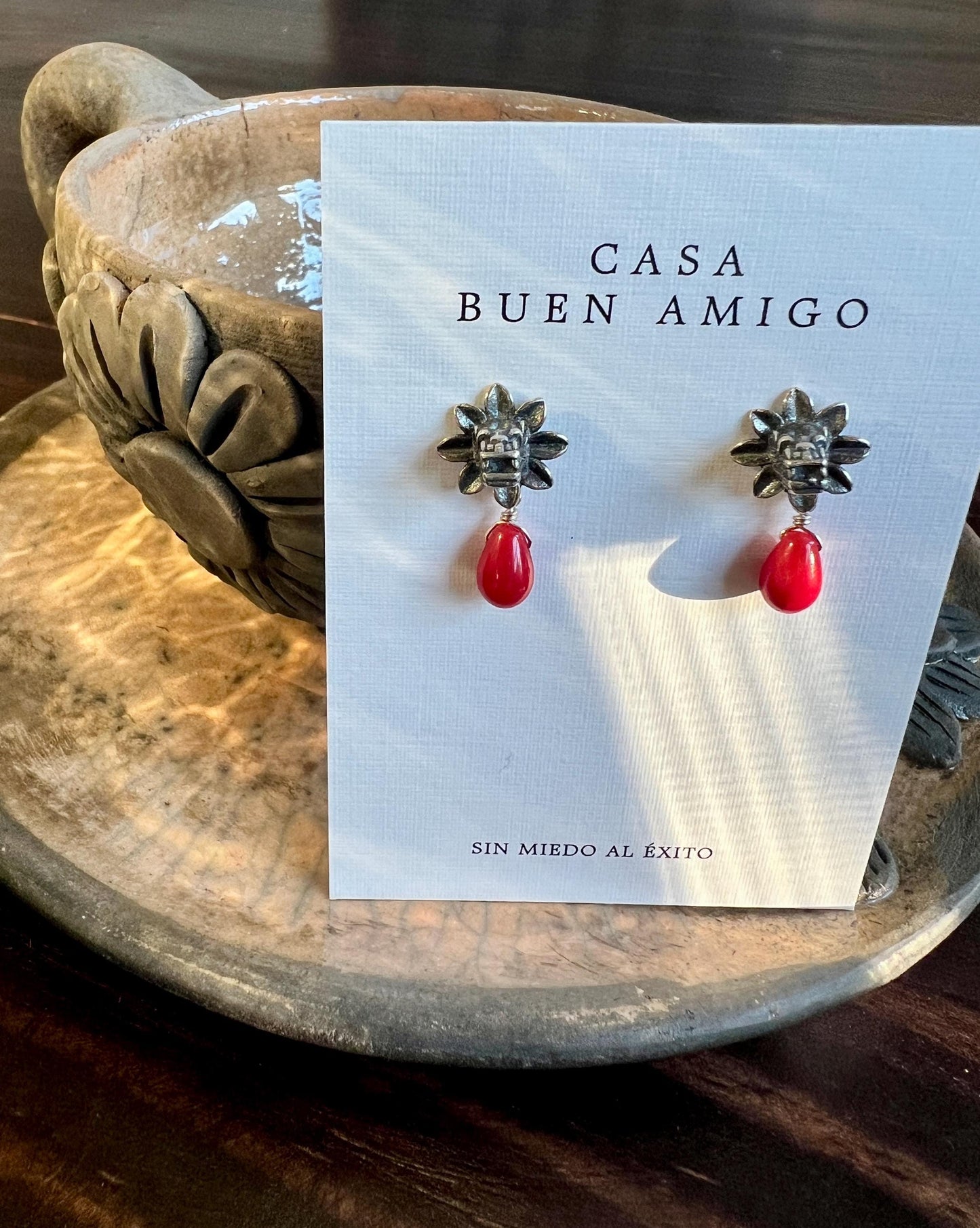 Quetzalcoatl Red Earrings in .925 Sterling Silver with Natural Coral Handmade Mexican Artisan Jewelry, Cultural Inspired Dangle Earrings