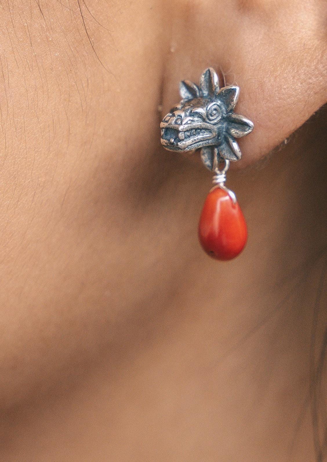Quetzalcoatl Red Earrings in .925 Sterling Silver with Natural Coral Handmade Mexican Artisan Jewelry, Cultural Inspired Dangle Earrings