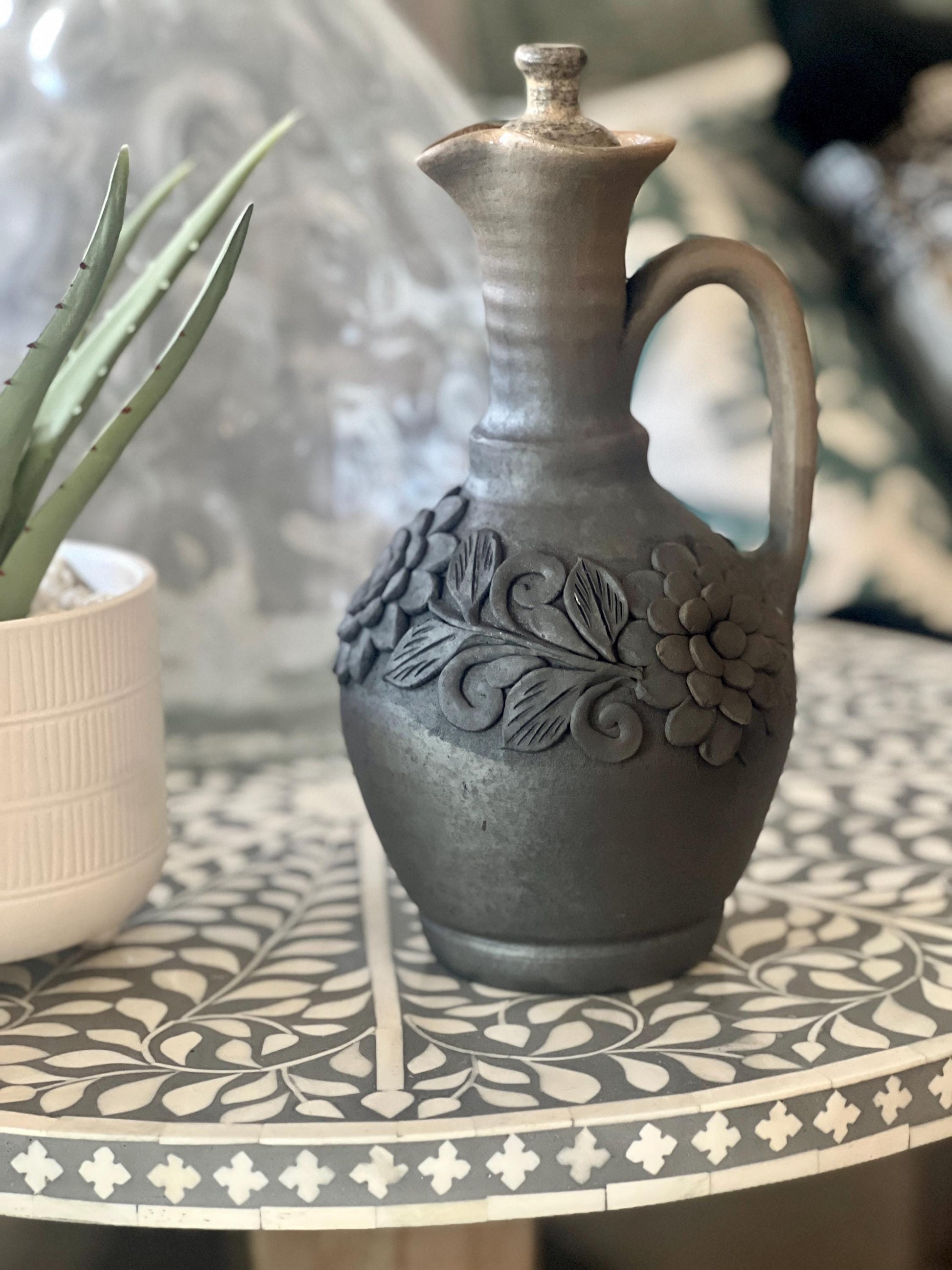 Handcrafted Oaxacan Barro Negro Decanter & Face Shot Cup Set