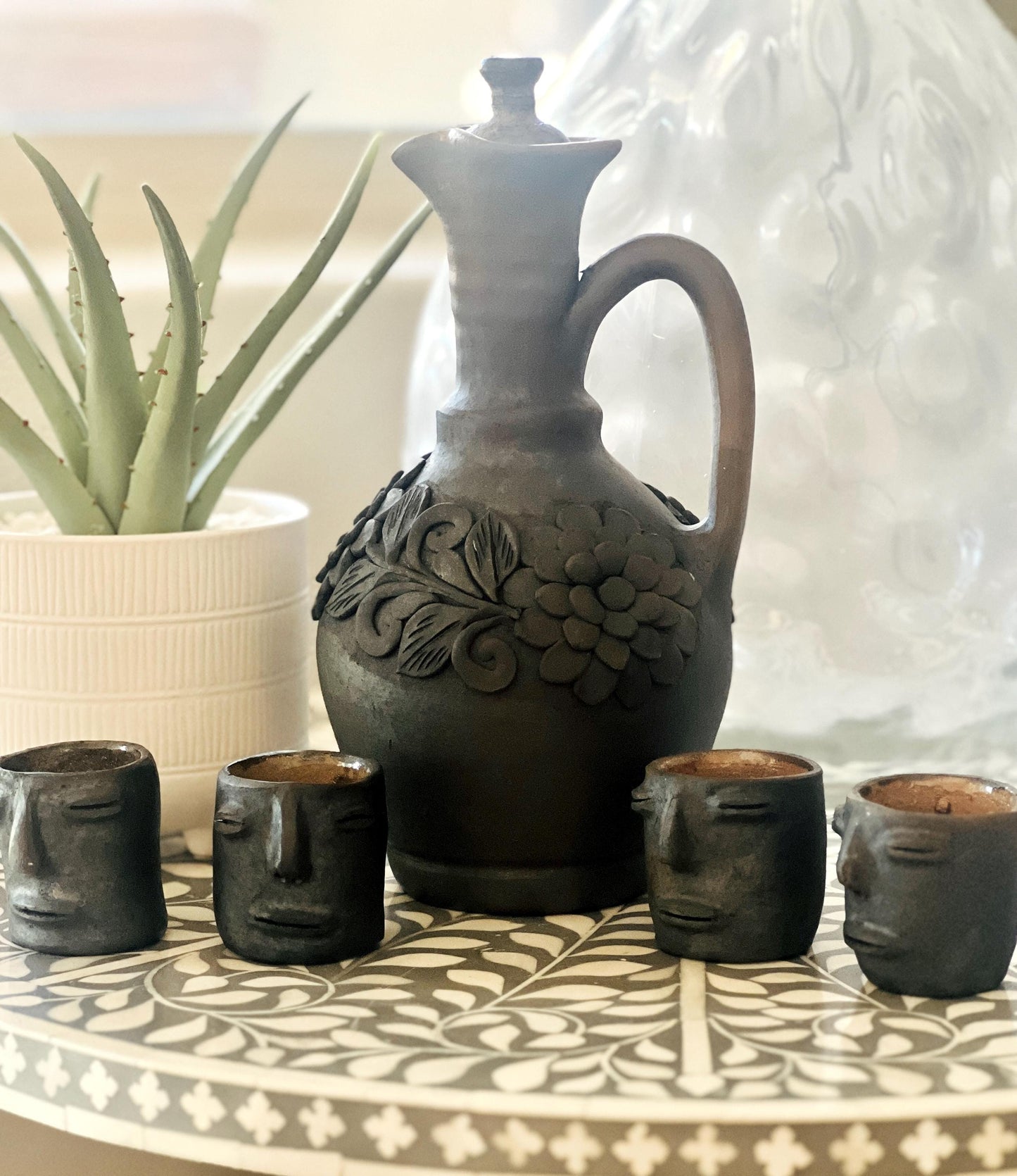 Handcrafted Oaxacan Barro Negro Decanter & Face Shot Cup Set