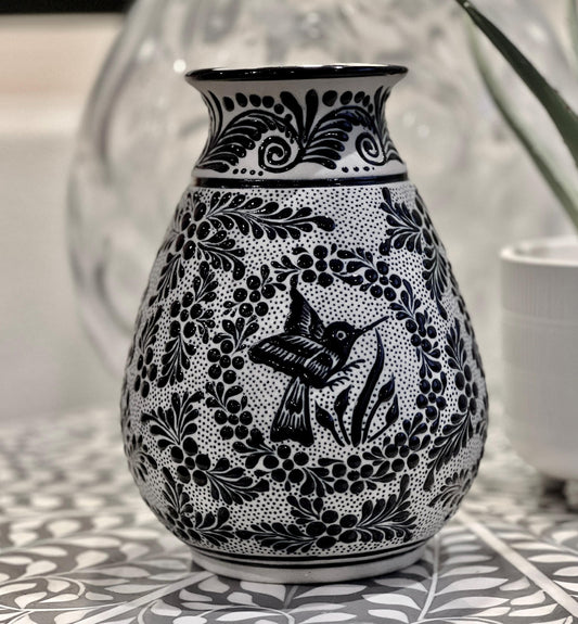 Handmade Mexican Ceramic Vase -Black and White Hummingbird Design