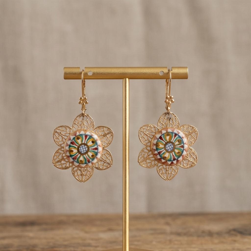 Handmade Mexican Floral Filigree Earrings – 14k Gold Plated
