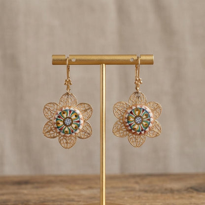 Handmade Mexican Floral Filigree Earrings – 14k Gold Plated