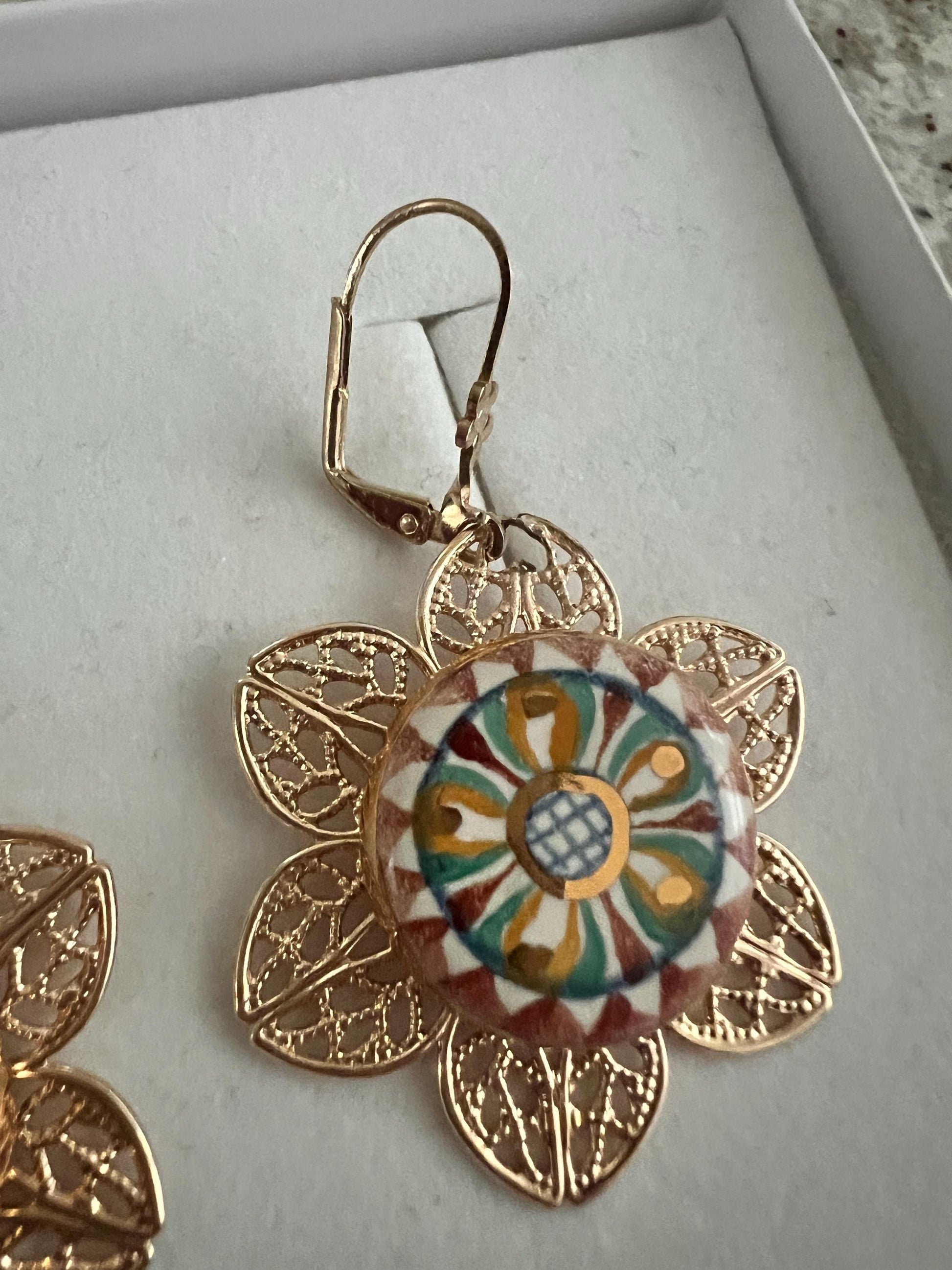 Handmade Mexican Floral Filigree Earrings – 14k Gold Plated