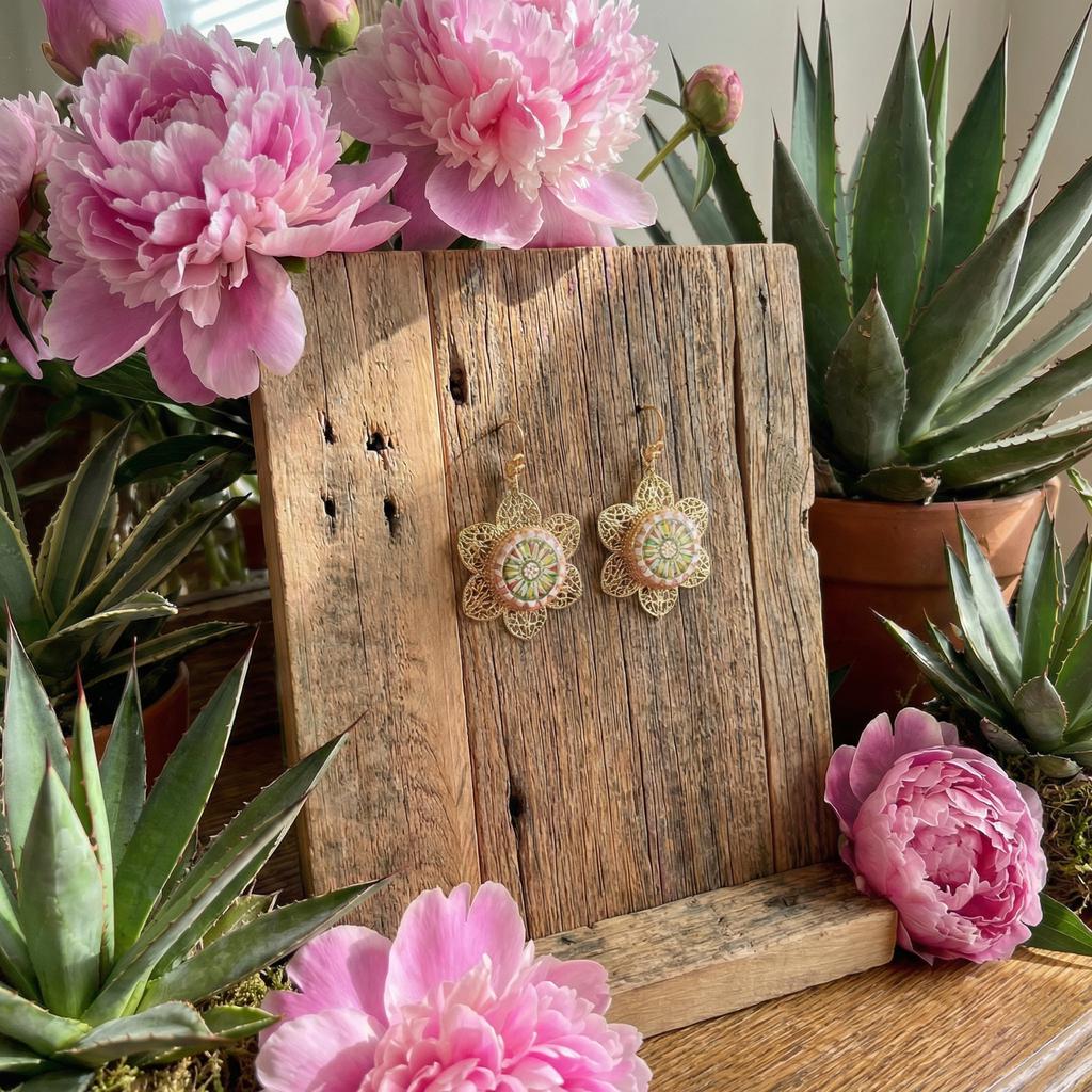 Handmade Mexican Floral Filigree Earrings – 14k Gold Plated
