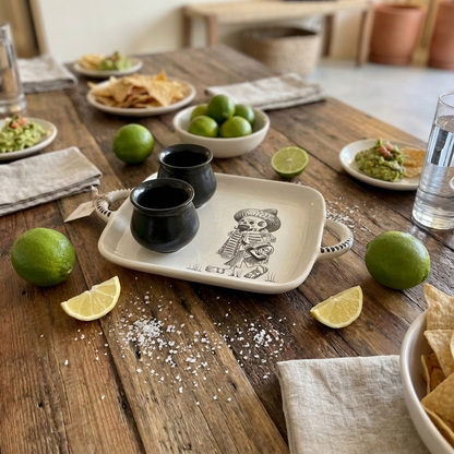 Handmade Skeleton Ceramic Tray with Black Shot Glasses – Mexican Artisan Barware