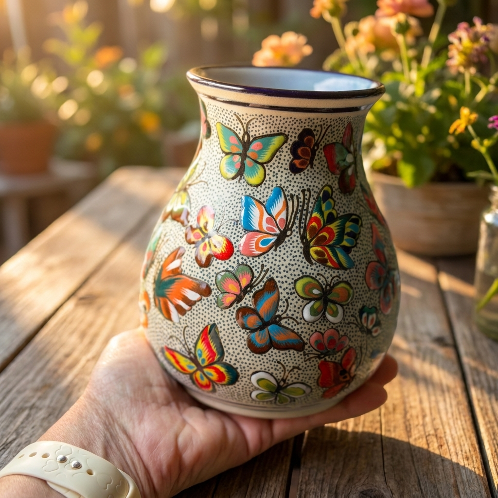 Handmade Talavera Butterfly Vase Mexican Folk Art Ceramic From Guanajuato, Colorful Boho Home Decor Accent Pottery Gift