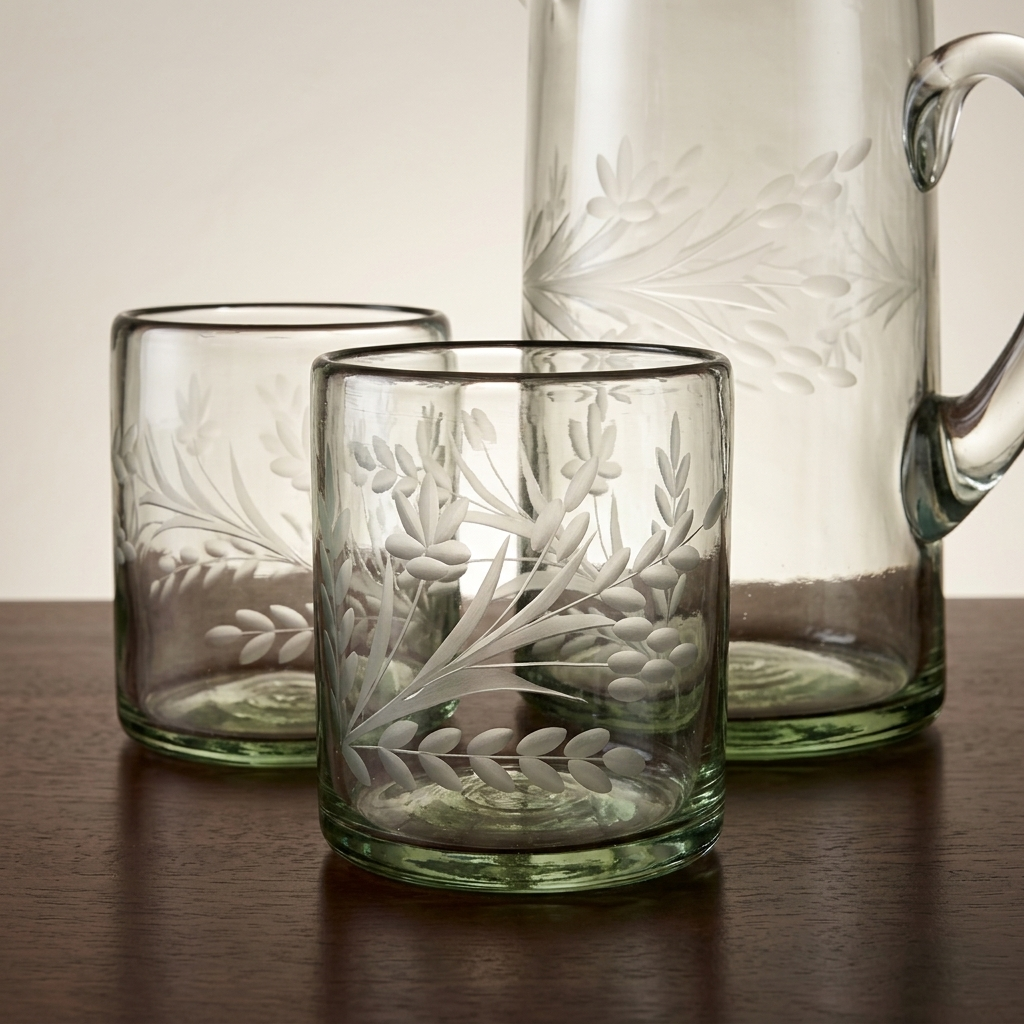 Mexican Recycled Handblown Glass Pitcher & 6 Tumbler Set