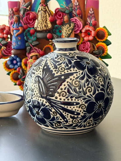 Hand Painted Mexican Blue & White Vase – Bird & Floral Talavera Style Pottery – Small Decorative Vase 4.5”