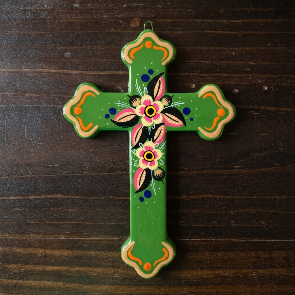 A hand-painted green ceramic cross with floral and geometric patterns, displayed on a dark wood background.