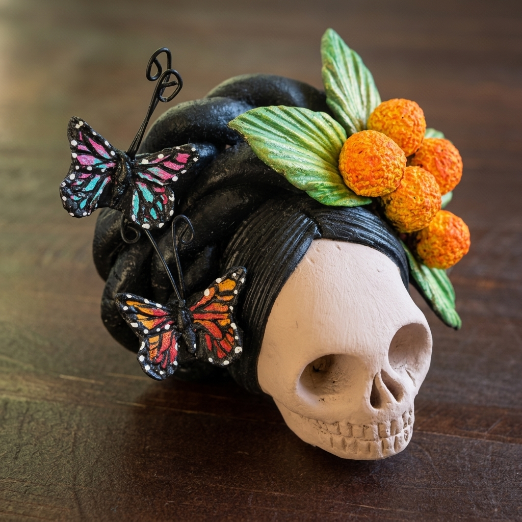 Side view of small handmade Mexican clay Catrina figurine approximately 3 inches tall