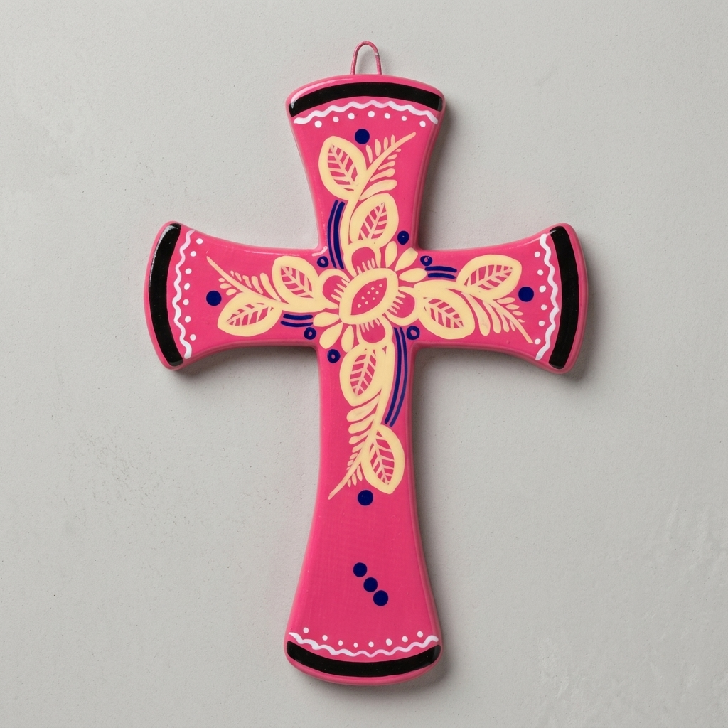 A pink ceramic wall cross with hand-painted yellow floral motifs, blue accents, and black and white decorative borders, hanging against a light gray textured wall.