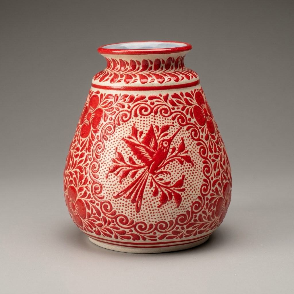One of a Kind Hand Painted Talavera Style Ceramic Vase – Mexican Hummingbird Folk Art from Guanajuato