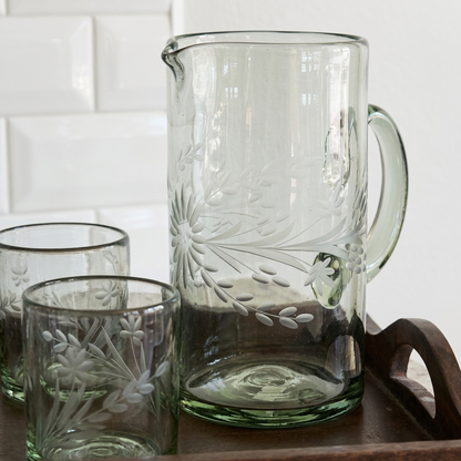 Mexican Recycled Handblown Glass Pitcher & 6 Tumbler Set