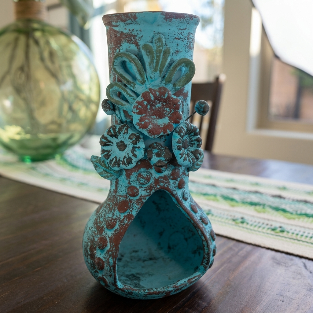 A turquoise and brown distressed ceramic vase with floral relief details, displayed on a dark wooden table in a home setting.