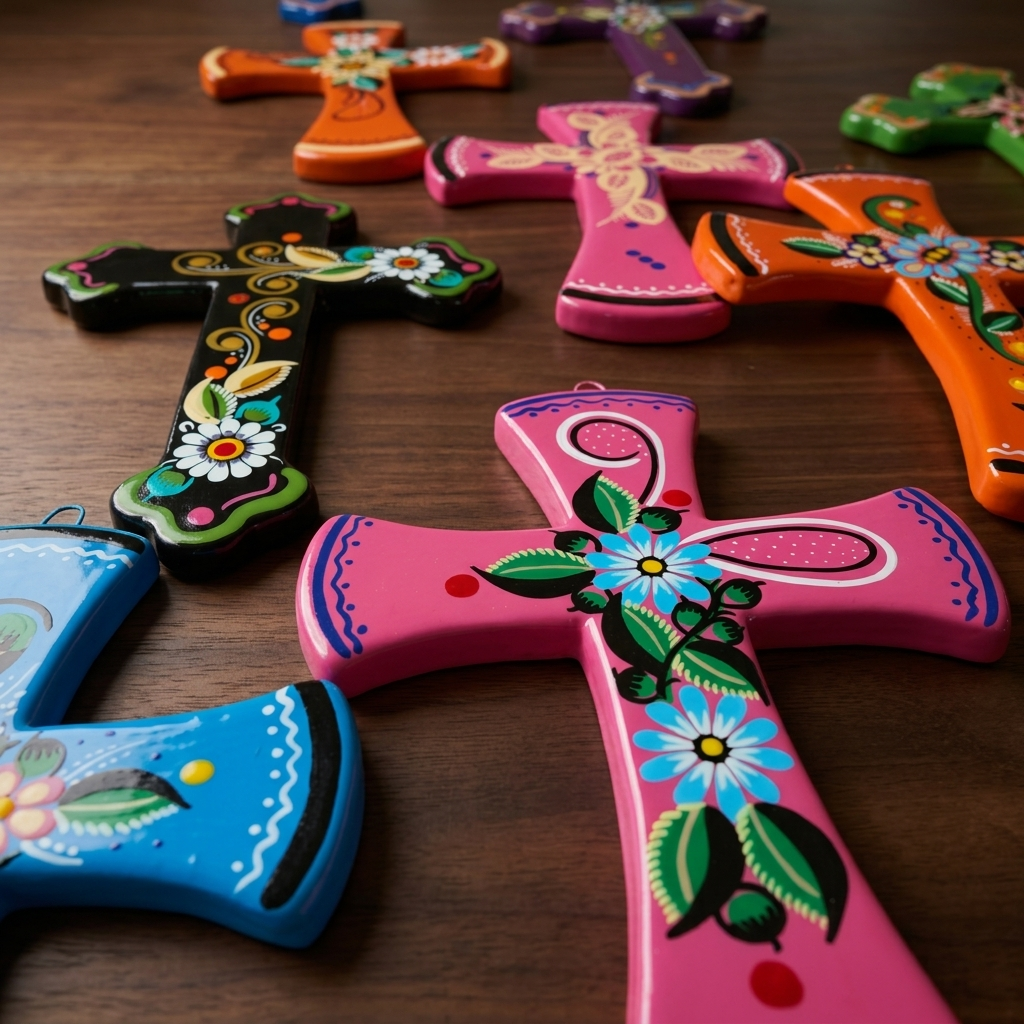 A group of hand-painted ceramic Christian crosses in vibrant colors, decorated with floral and folk-art patterns, arranged on a dark wooden surface.