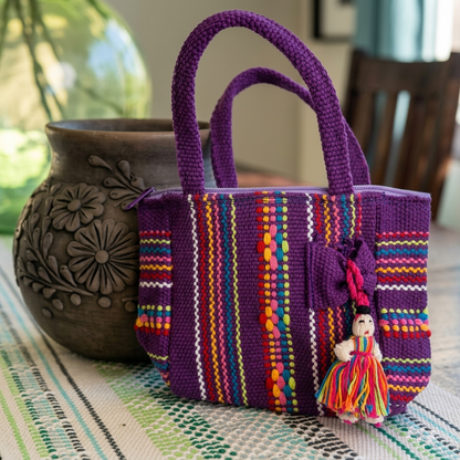 A purple woven tote bag with colorful striped and beaded patterns, featuring dual top handles and a small embroidered doll charm, displayed on a patterned textile next to a carved ceramic pot.