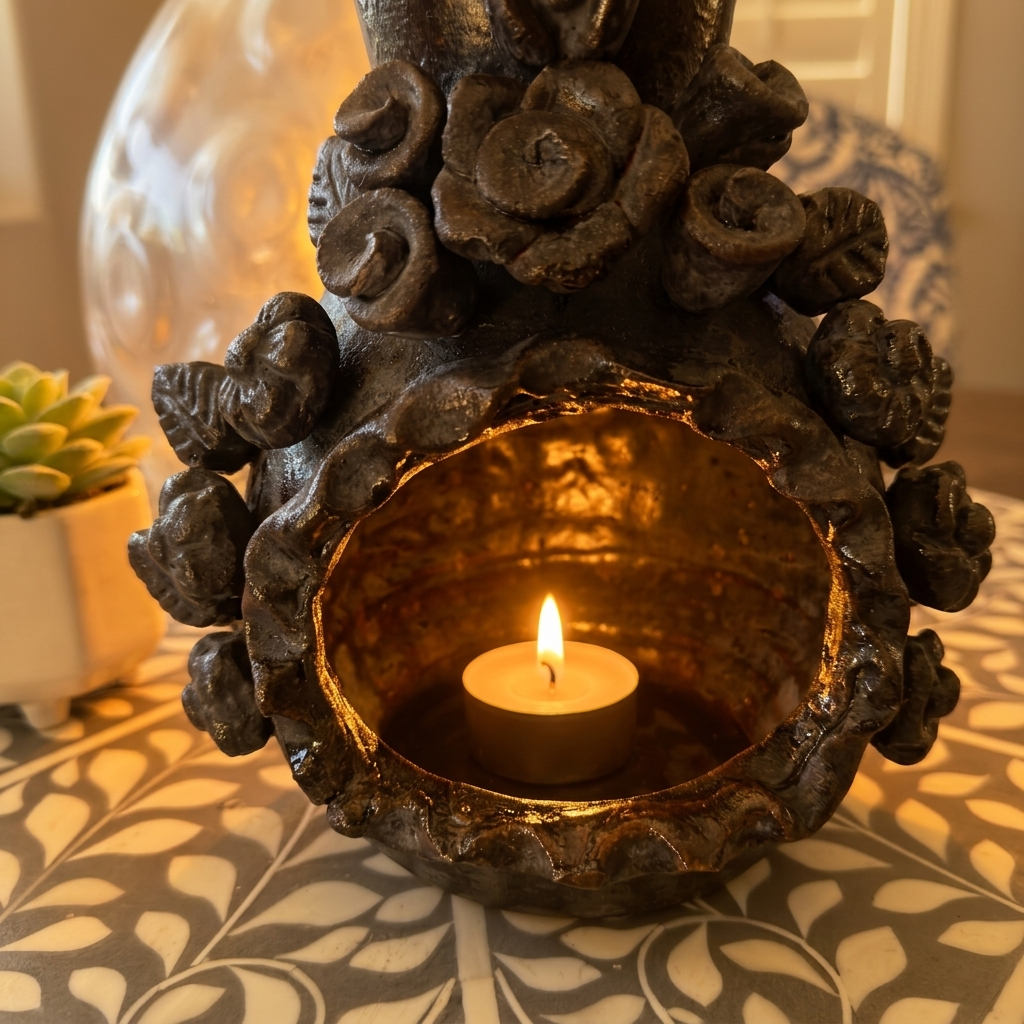 Tonala Clay Chiminea | Mexican Pottery Fireplace | Floral Folk Art Home Decor | Rustic Accent | 9 Inch