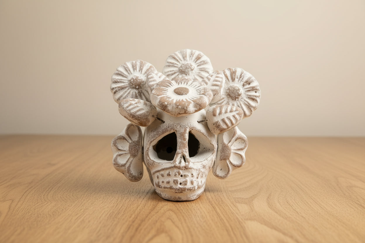 Handcrafted Floral Clay Skull – Artisan Calavera from Guadalajara, Mexico