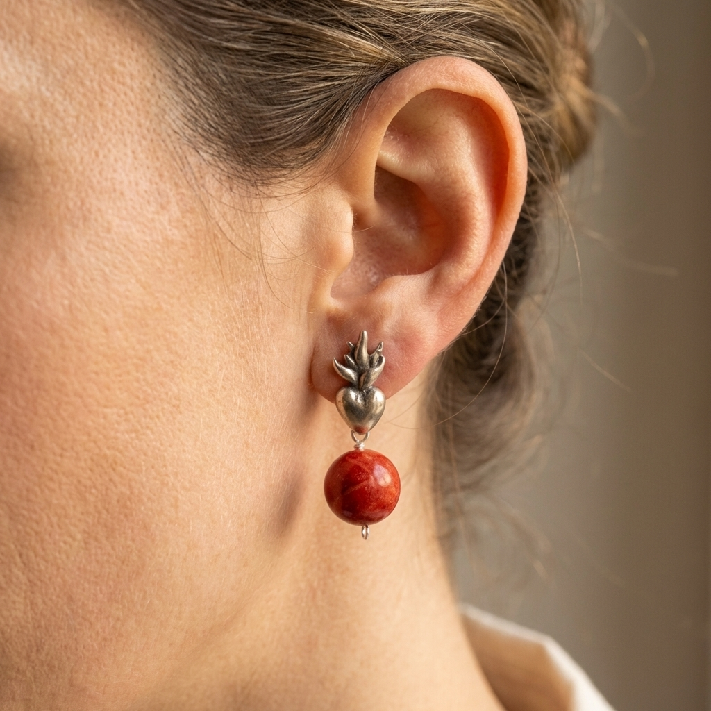 Handmade Sacred Heart Coral Earrings – .925 Sterling Silver | Gabriela Sanchez Guadalajara
