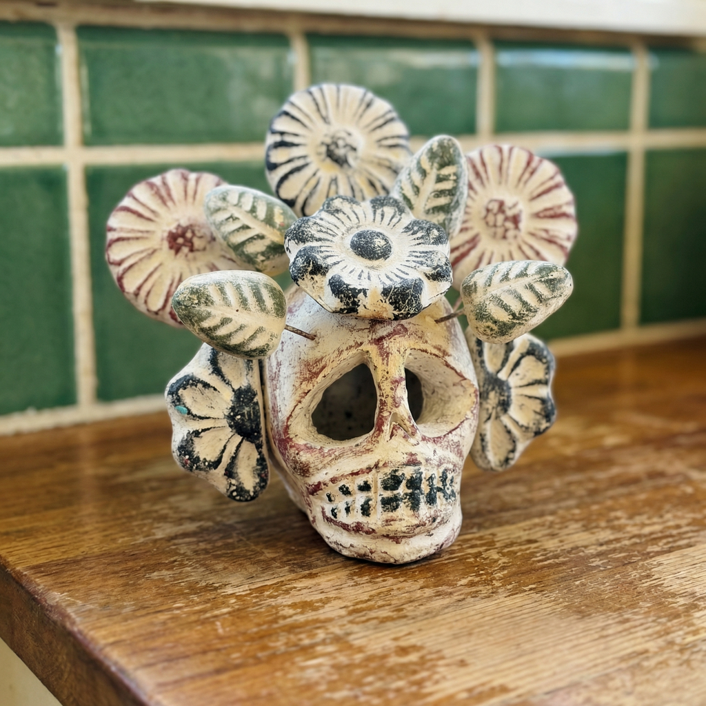 Handcrafted Floral Clay Skull – Artisan Calavera from Guadalajara, Mexico