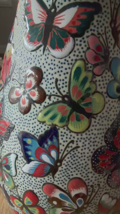 Hand Painted Butterfly Ceramic Vase – Pajaro Ceramics Guanajuato Mexico – 8 Inch Talavera Style Folk Art Vase