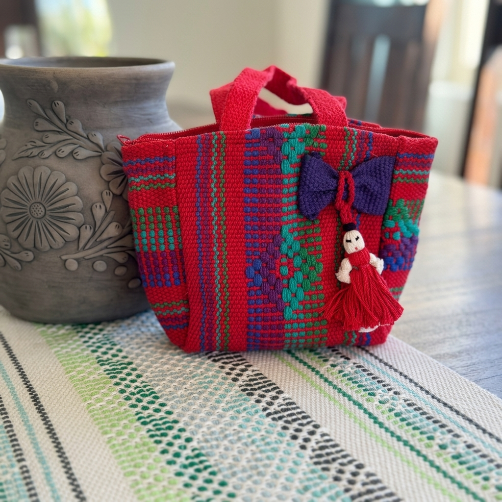 A small woven tote bag with a red, green, and blue pattern, featuring a purple bow and a small doll charm, placed on a patterned table runner next to a gray ceramic vase.
