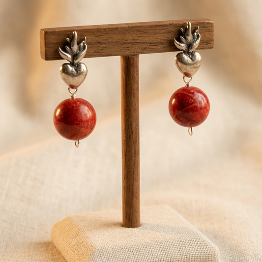 Handmade Sacred Heart Coral Earrings – .925 Sterling Silver | Gabriela Sanchez Guadalajara