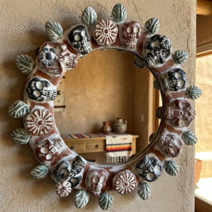 Handmade Mexican Skull Mirror – Day of the Dead Folk Art Wall Mirror