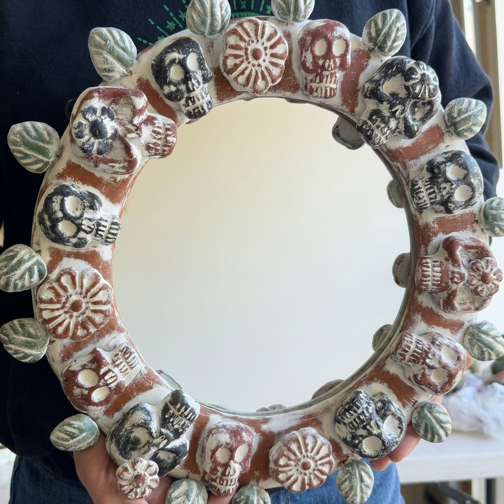Handmade Mexican Skull Mirror – Day of the Dead Folk Art Wall Mirror