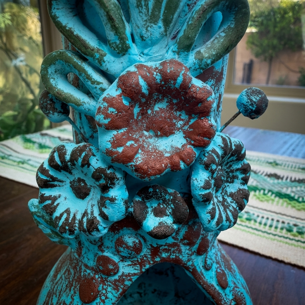 A close-up of a decorative ceramic object with a distressed turquoise blue glaze and reddish-brown patina, featuring sculpted floral and leaf-like forms, photographed indoors on a table with a window and woven mat in the background.