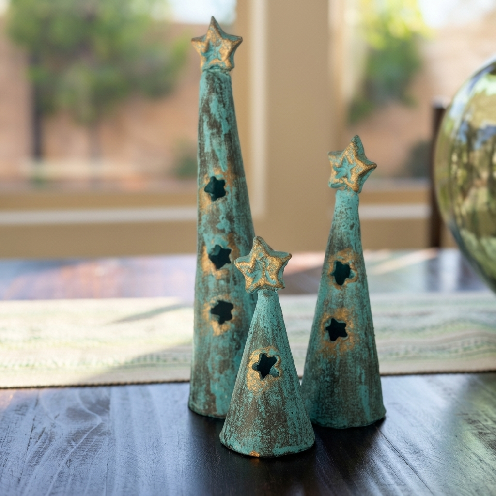 Three decorative metal Christmas tree ornaments with a distressed turquoise and gold finish, displayed on a dark wooden table in a home setting.