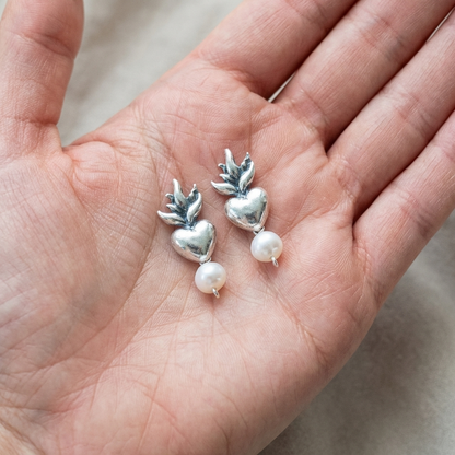 Sacred Heart Pearl Earrings – Sterling Silver 925 -Handmade Mexican Jewelry