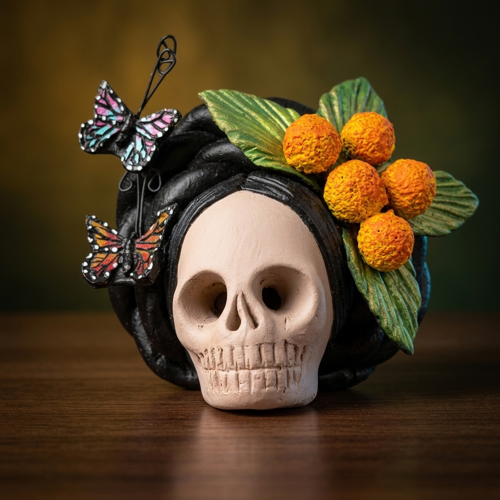 Catrina head with butterflies and flowers

