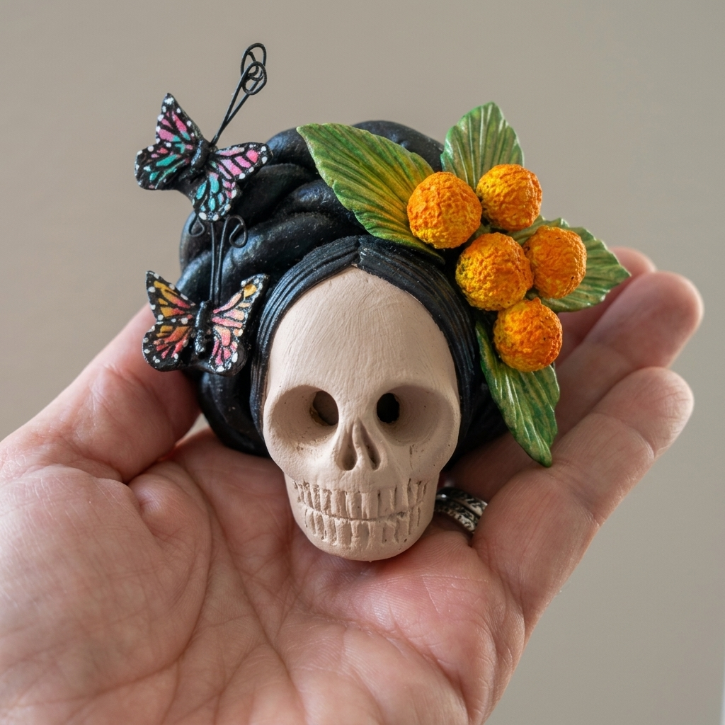 Close-up of colorful handmade Mexican clay Catrina head with detailed butterfly and floral decorations