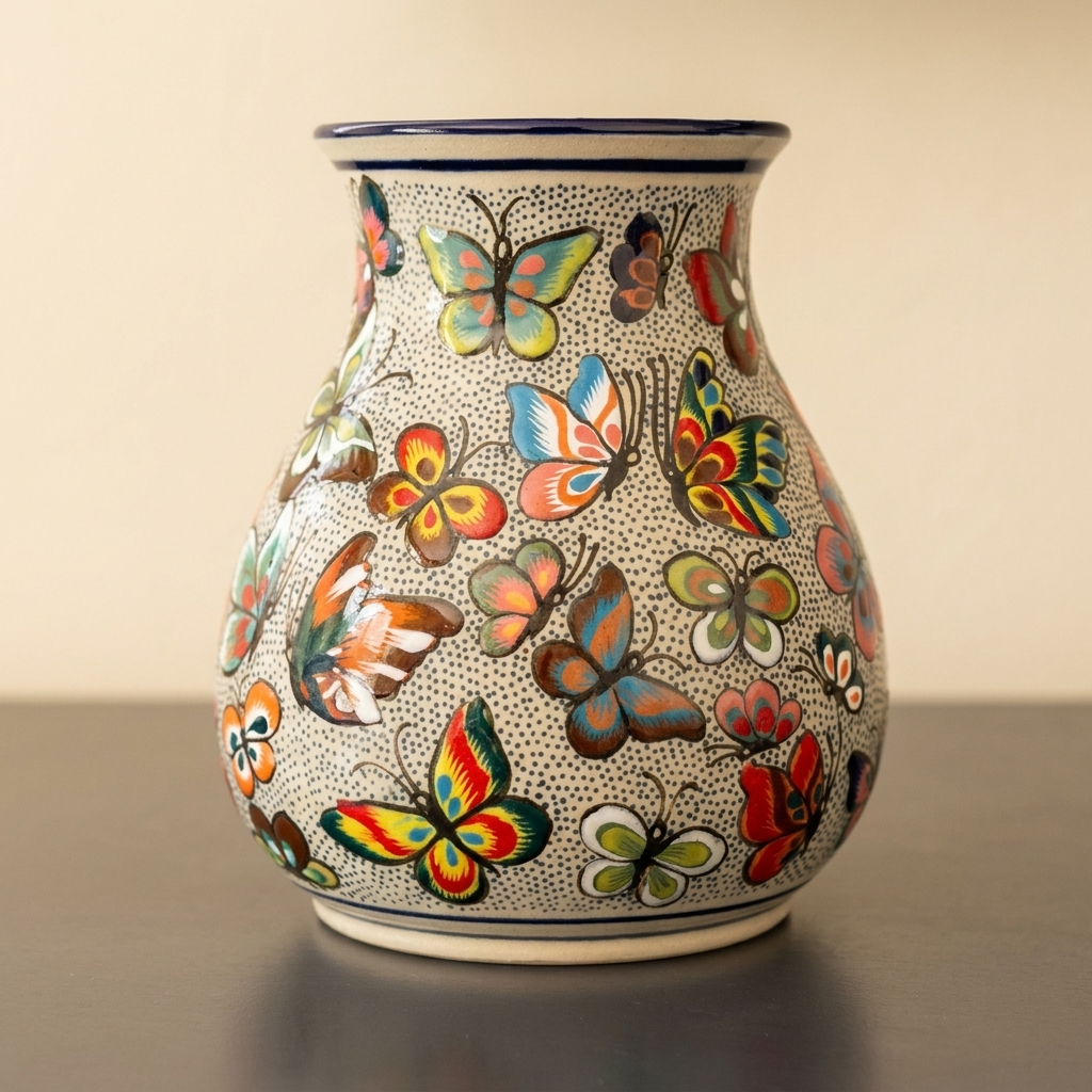 Handmade Talavera Butterfly Vase Mexican Folk Art Ceramic From Guanajuato, Colorful Boho Home Decor Accent Pottery Gift