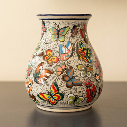 Handmade Talavera Butterfly Vase Mexican Folk Art Ceramic From Guanajuato, Colorful Boho Home Decor Accent Pottery Gift