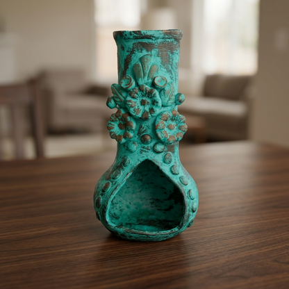 A small decorative ceramic vase with a turquoise and brown distressed finish, featuring raised floral details and a wide flared base, standing on a wooden table in a softly blurred living room setting.