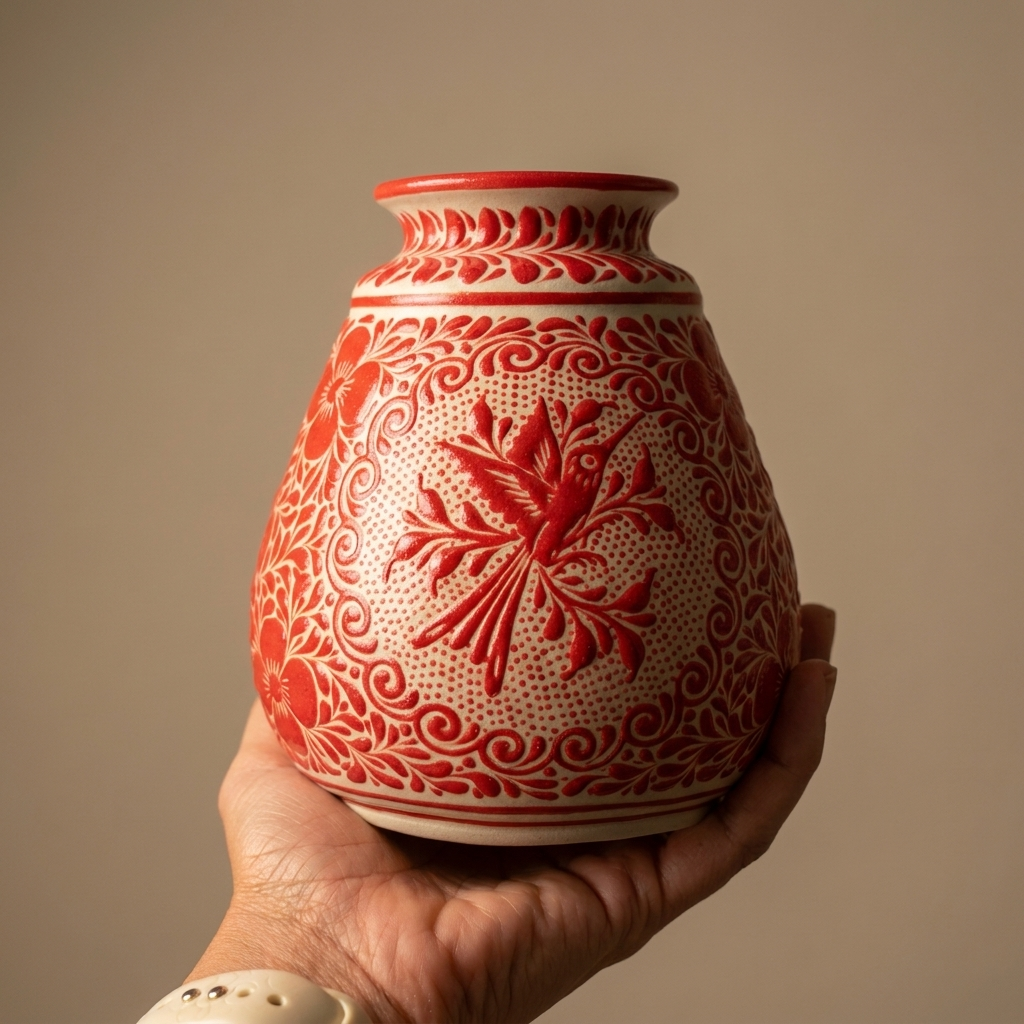 One of a Kind Hand Painted Talavera Style Ceramic Vase – Mexican Hummingbird Folk Art from Guanajuato
