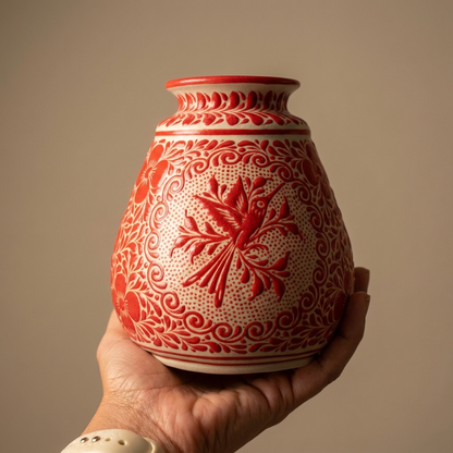 One of a Kind Hand Painted Talavera Style Ceramic Vase – Mexican Hummingbird Folk Art from Guanajuato