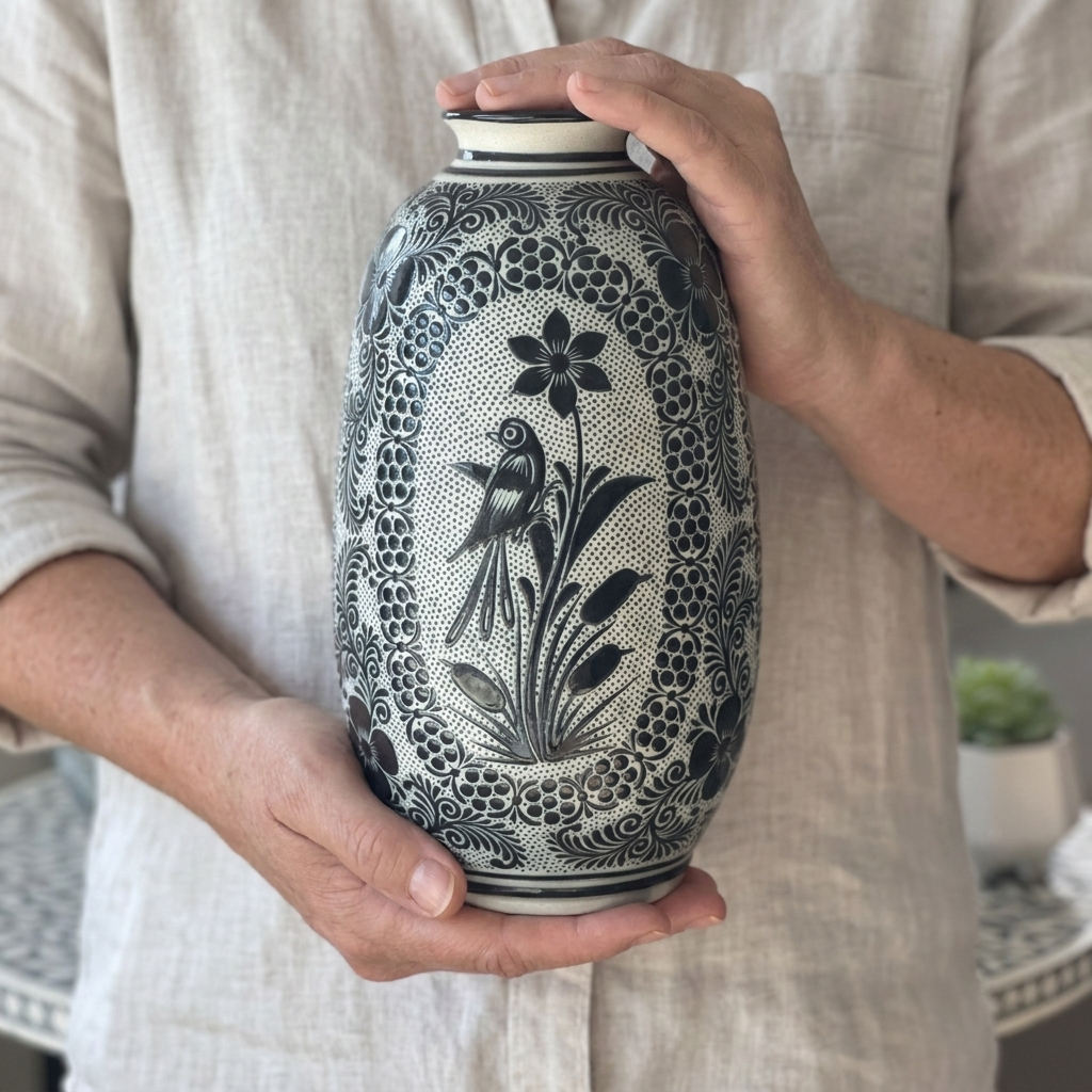 Hand Painted Talavera Style Vase 11.5” – Black & White Mexican Ceramic from Guanajuato