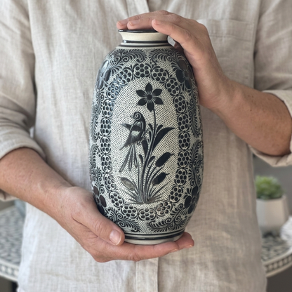 Hand Painted Talavera Style Vase 11.5” – Black & White Mexican Ceramic from Guanajuato