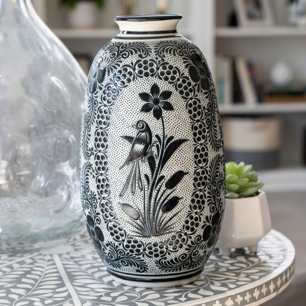 Hand Painted Talavera Style Vase 11.5” – Black & White Mexican Ceramic from Guanajuato