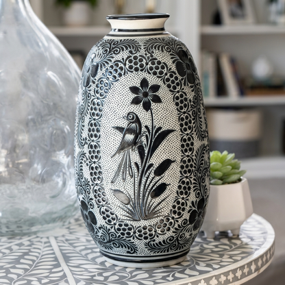 Hand Painted Talavera Style Vase 11.5” – Black & White Mexican Ceramic from Guanajuato