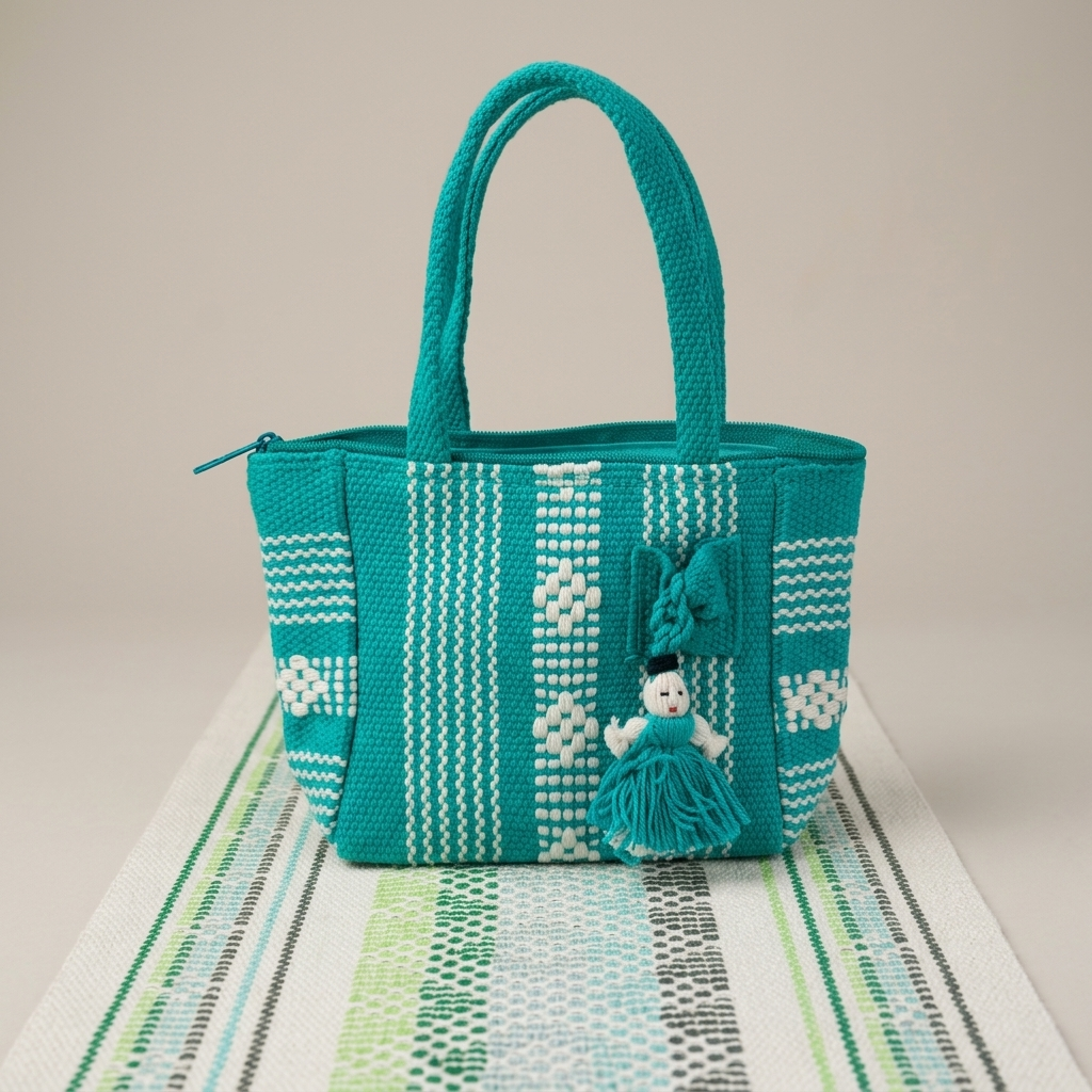 A turquoise and white woven tote bag with dual top handles and a small decorative doll charm, displayed on a striped textile against a neutral beige background.