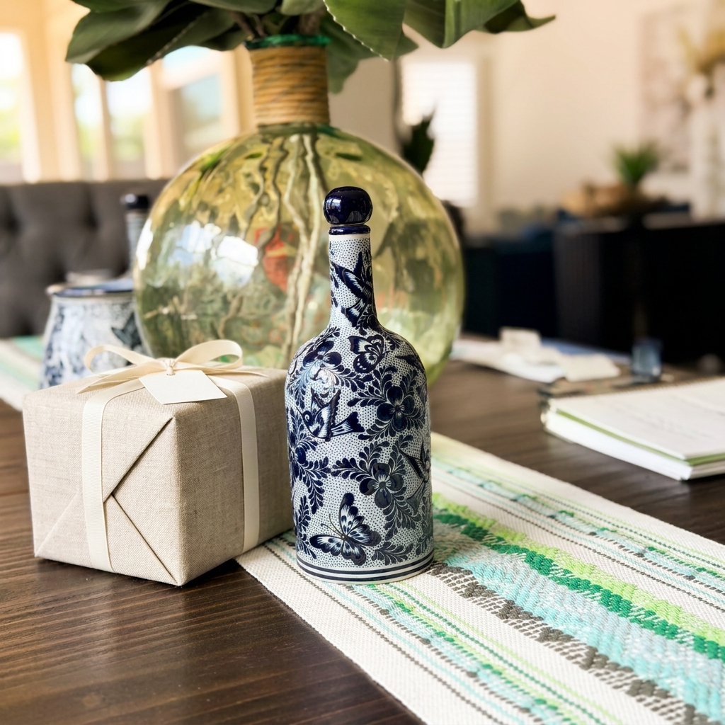 Hand Painted Talavera Style Decanter 11.5 Inch – Blue and White Mexican Ceramic Bottle from Guanajuato – Bird Floral Artisan Barware Decor