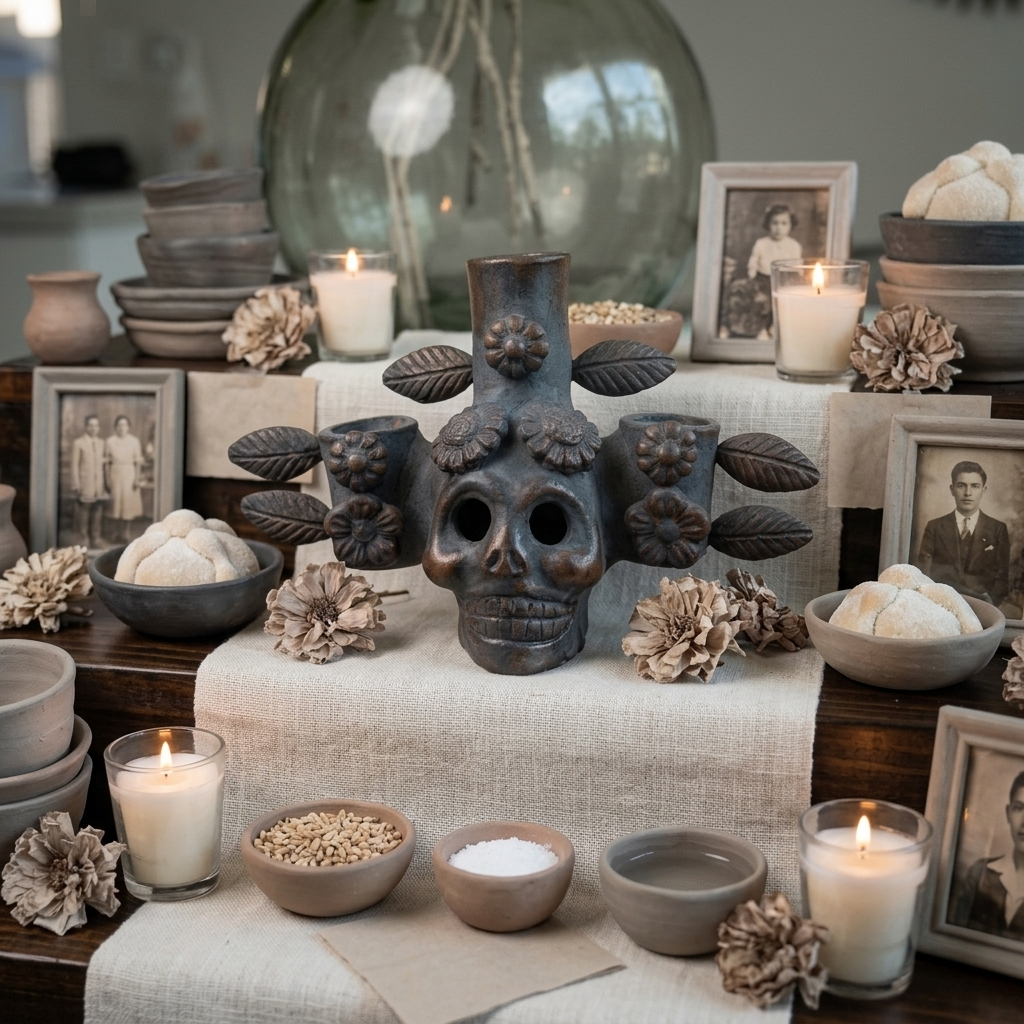 A decorative skull centerpiece with floral and leaf details, styled on a draped table runner with candles, bowls, framed photos, and dried botanicals in a rustic indoor setting.